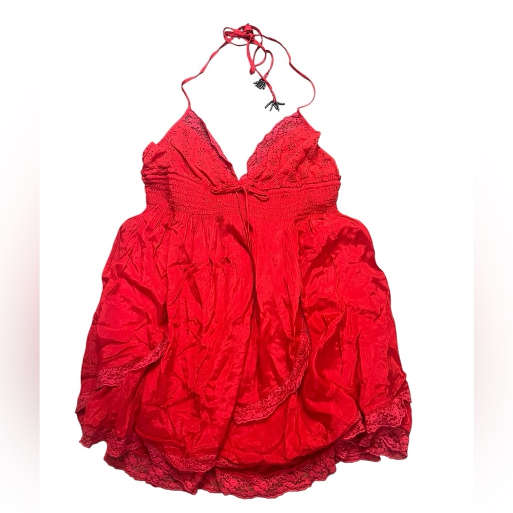 Free People Womens XL For A Moment Red Halter Top Mini Dress Lace Trim Lined New - Picture 2 of 11